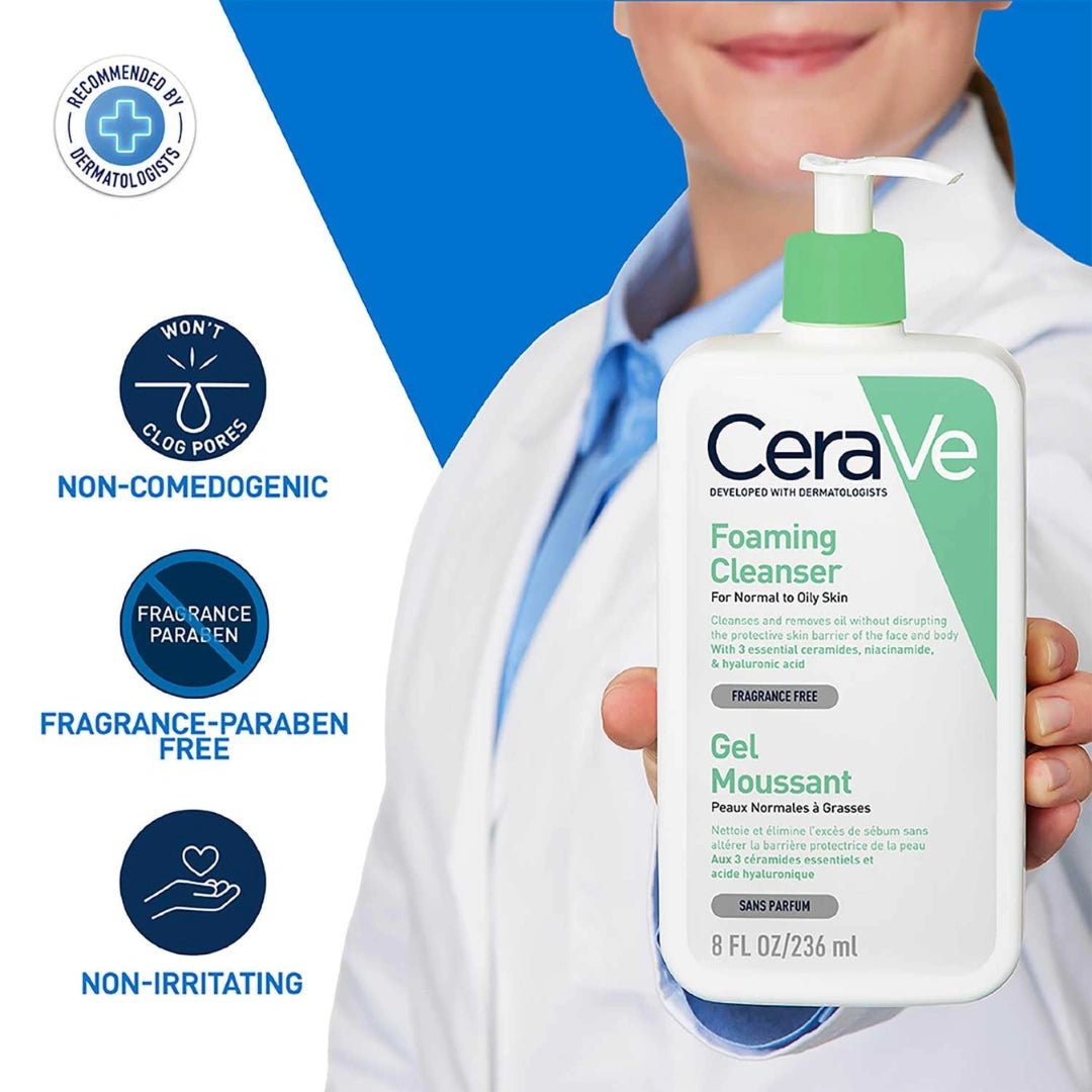 CeraVe Foaming Cleanser For Normal To Oily Skin (236ml) - Dermatologist-Developed Facewash | Non-Comedogenic And Fragrance-Free Cleansers For Acne-Prone Skin