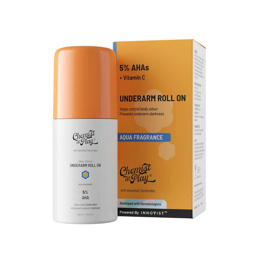 Chemist at Play UnderArm Roll-On with 5% AHA, Lactic Acid & 1% Mandelic Acid | For Sensitive Skin | Aqua Fragrance | Alcohol Free - 40ml