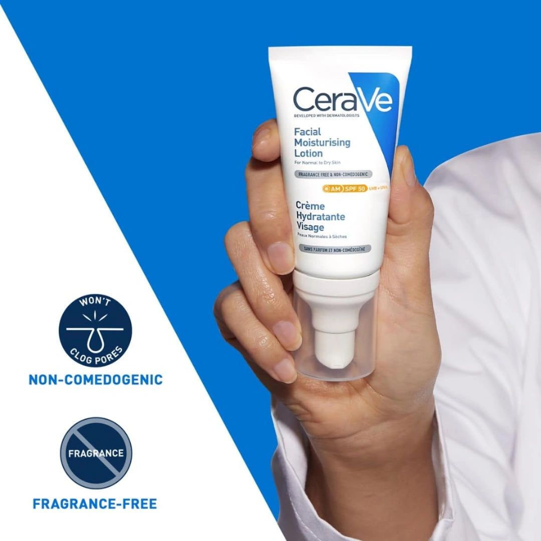CeraVe AM Facial Moisturizing Lotion for Normal to Dry Skin (52 ml) with Broad Spectrum Sunscreen SPF 50, Enriched with Ceramides, Niacinamide & Hyaluronic acid