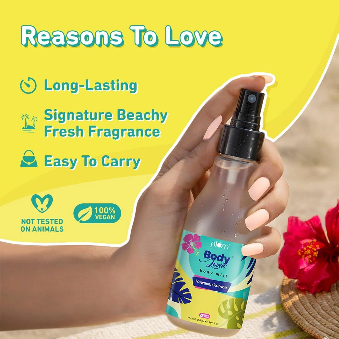 Plum BodyLovin Hawaiian Rumba Body Mist for Women | Refreshing Long Lasting Tropical Fragrance | Perfume Body Spray for Women | Vegan & Paraben Free | Travel Friendly Beachy Fresh Scent | 100ml
