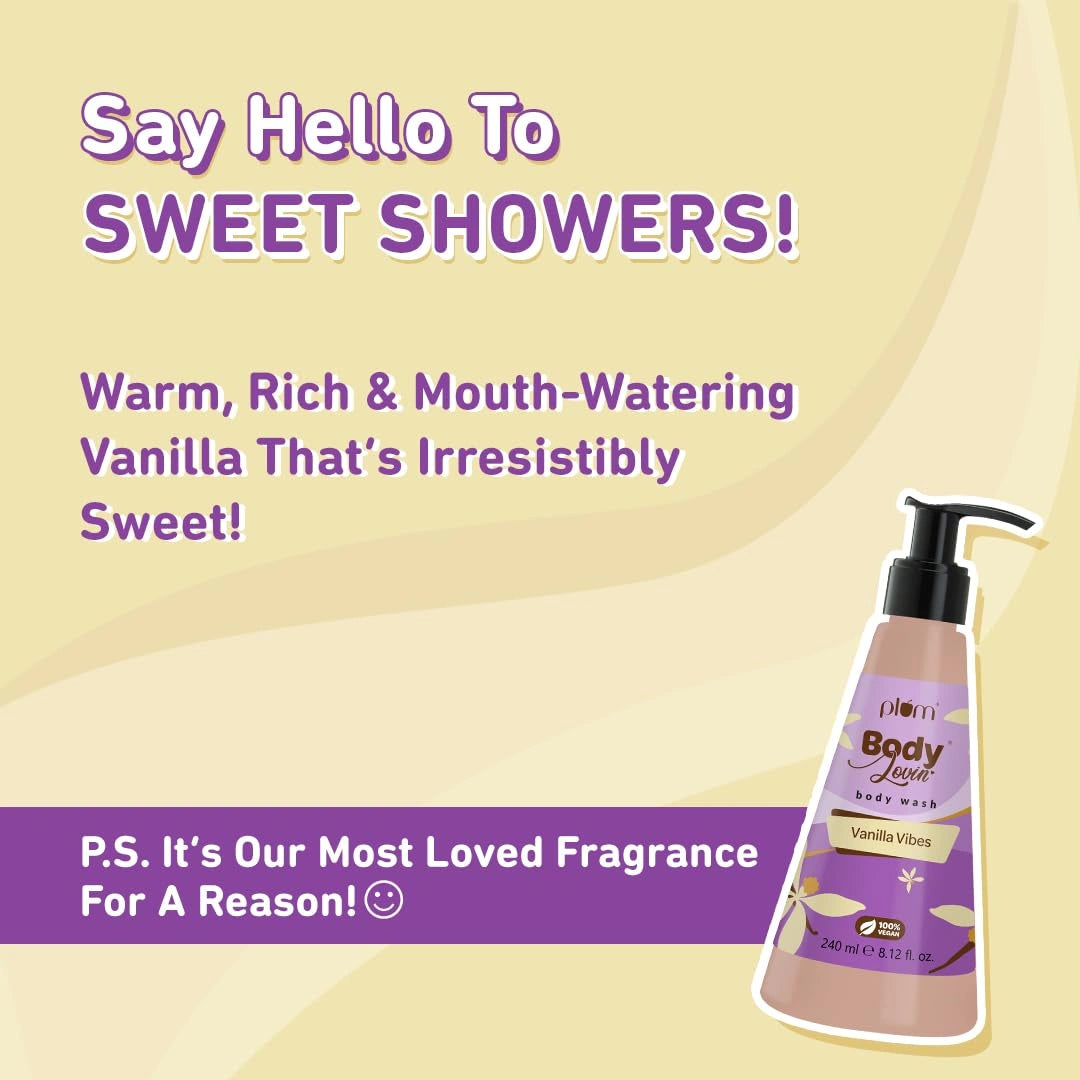 Plum Bodylovin' Vanilla Vibes Body Wash | SLS-Free Creamy Body Wash for Women | Shower Gel with Long Lasting Vanilla Fragrance | Aloe-Infused Nourishing Body Cleanser for Soft & Smooth Skin - 240ml