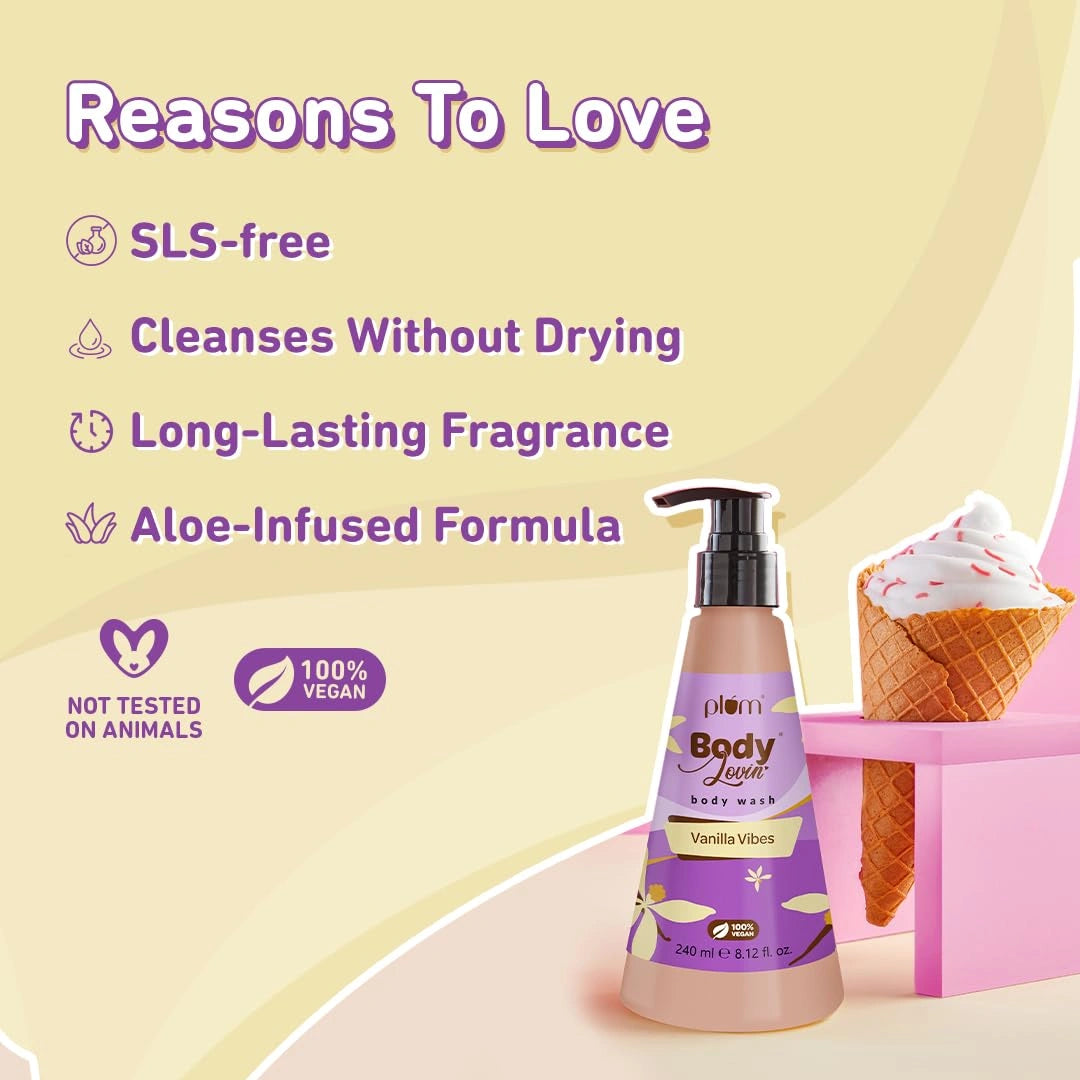 Plum Bodylovin' Vanilla Vibes Body Wash | SLS-Free Creamy Body Wash for Women | Shower Gel with Long Lasting Vanilla Fragrance | Aloe-Infused Nourishing Body Cleanser for Soft & Smooth Skin - 240ml