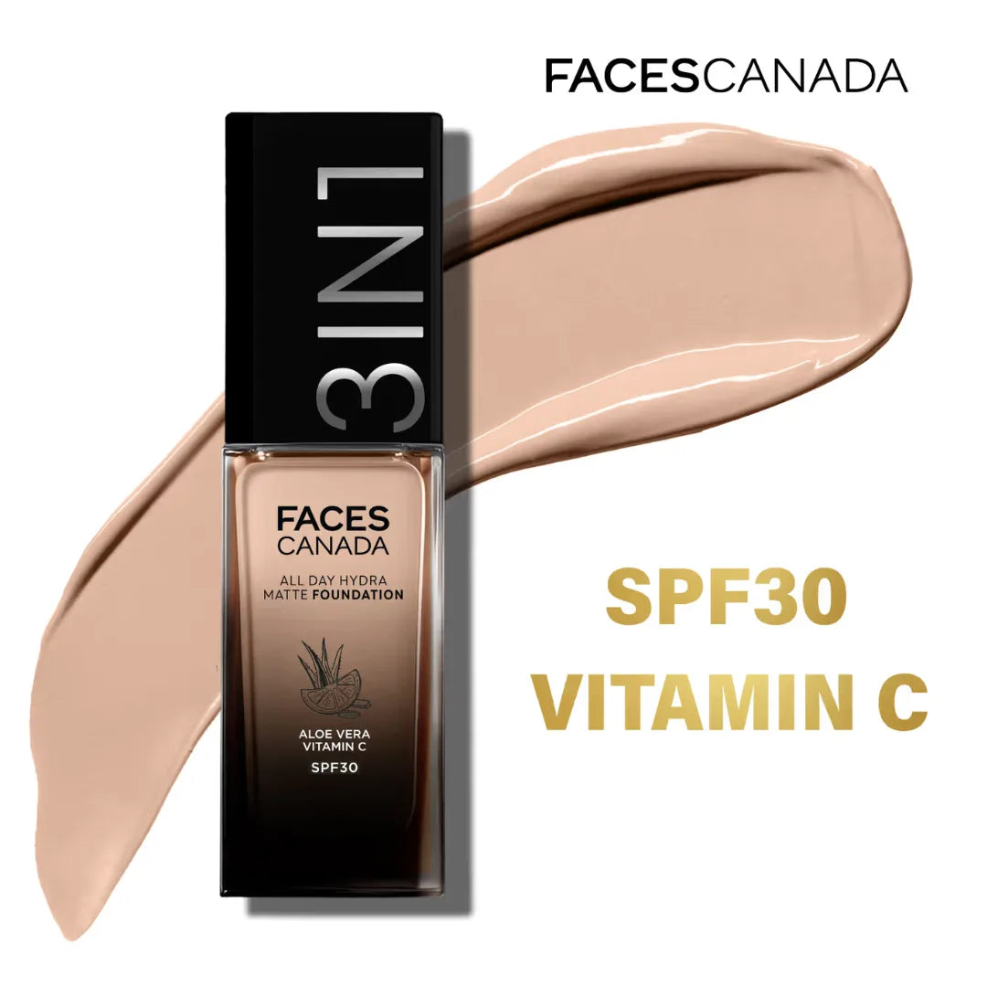 FACESCANADA All Day Hydra Matte Foundation Cream|3-in-1 Foundation + Moisturizer + SPF 30|24 HR Aloe Hydration & Vitamin C|10HR Long Wear|Medium to High Buildable Coverage | Soft Sand 041 | 30ml