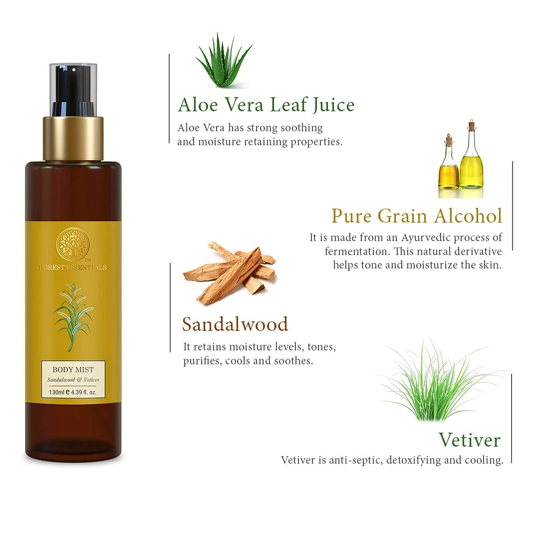 Forest Essentials Fragrant Body Mist Sandalwood & Vetiver | Aloe Vera juice infused Perfume Spray to keep Skin Scented & Hydrated Through the Day