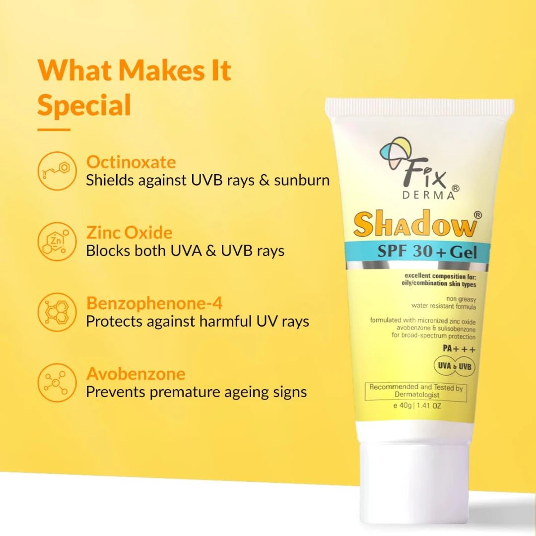 Fixderma Shadow Sunscreen SPF 30+ Pa+++ Gel For Oily Skin | Lightweight, Water Resistant, No White Cast | Broad Spectrum Sunscreen Gel For UVA & UVB Protection | Women & Men | 40gm - Deals999