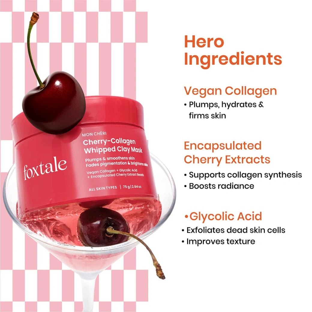 Foxtale Cherry - Collagen Whipped Clay Mask | Vegan Collagen + Glycolic Acid + PHA + Cherry Beads | Hydrates, Plumps & Firms Skin | Detoxifies Pores, Brightens & Smooths Dull, Uneven Skin | 75g - Deals999