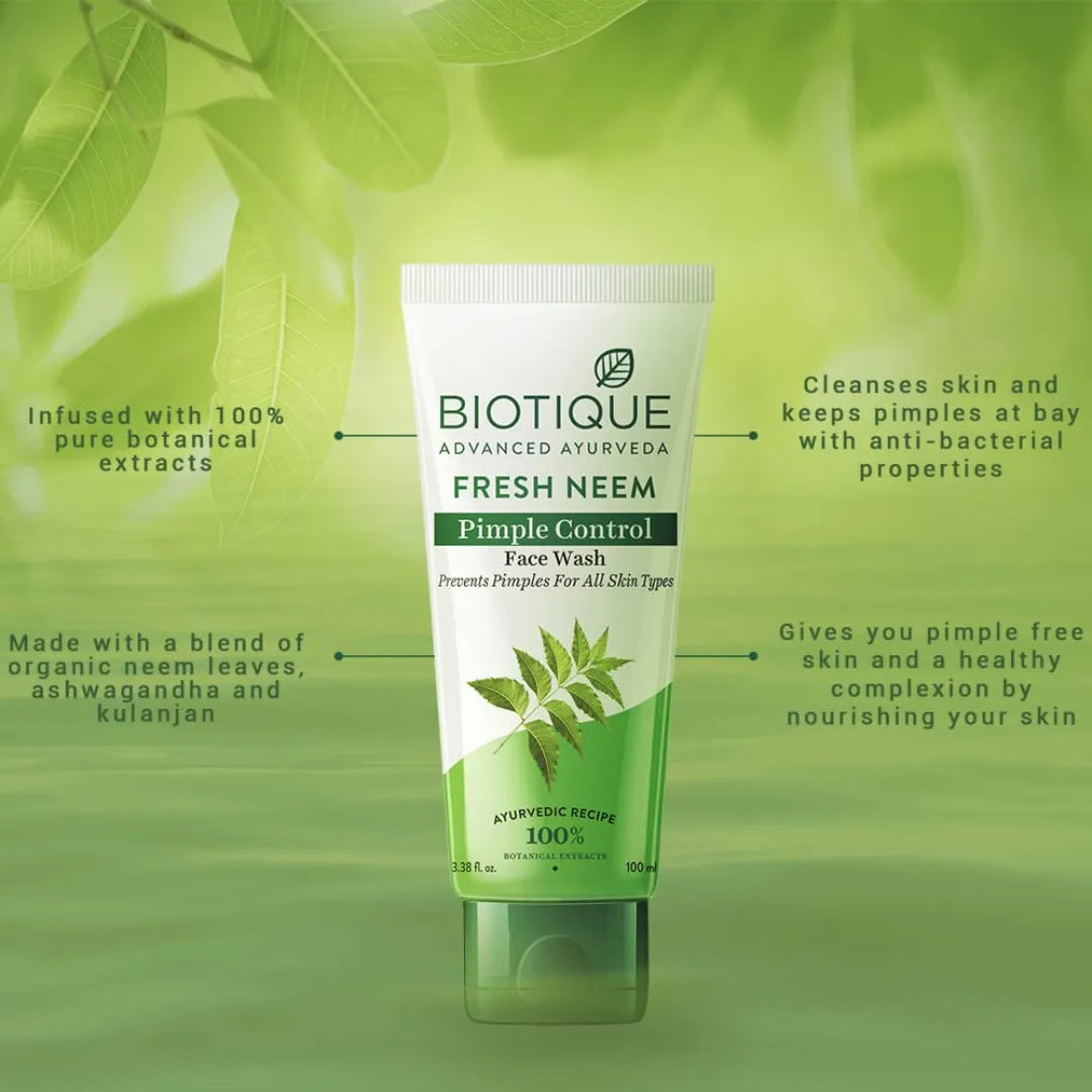 Biotique Fresh Neem Pimple Control Face Wash| Ayurvedic and Organically Pure| Prevents Pimples |100% Botanical Extracts| Suitable for All Skin Types | 150mL