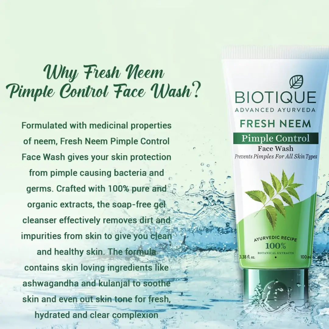 Biotique Fresh Neem Pimple Control Face Wash| Ayurvedic and Organically Pure| Prevents Pimples |100% Botanical Extracts| Suitable for All Skin Types | 150mL