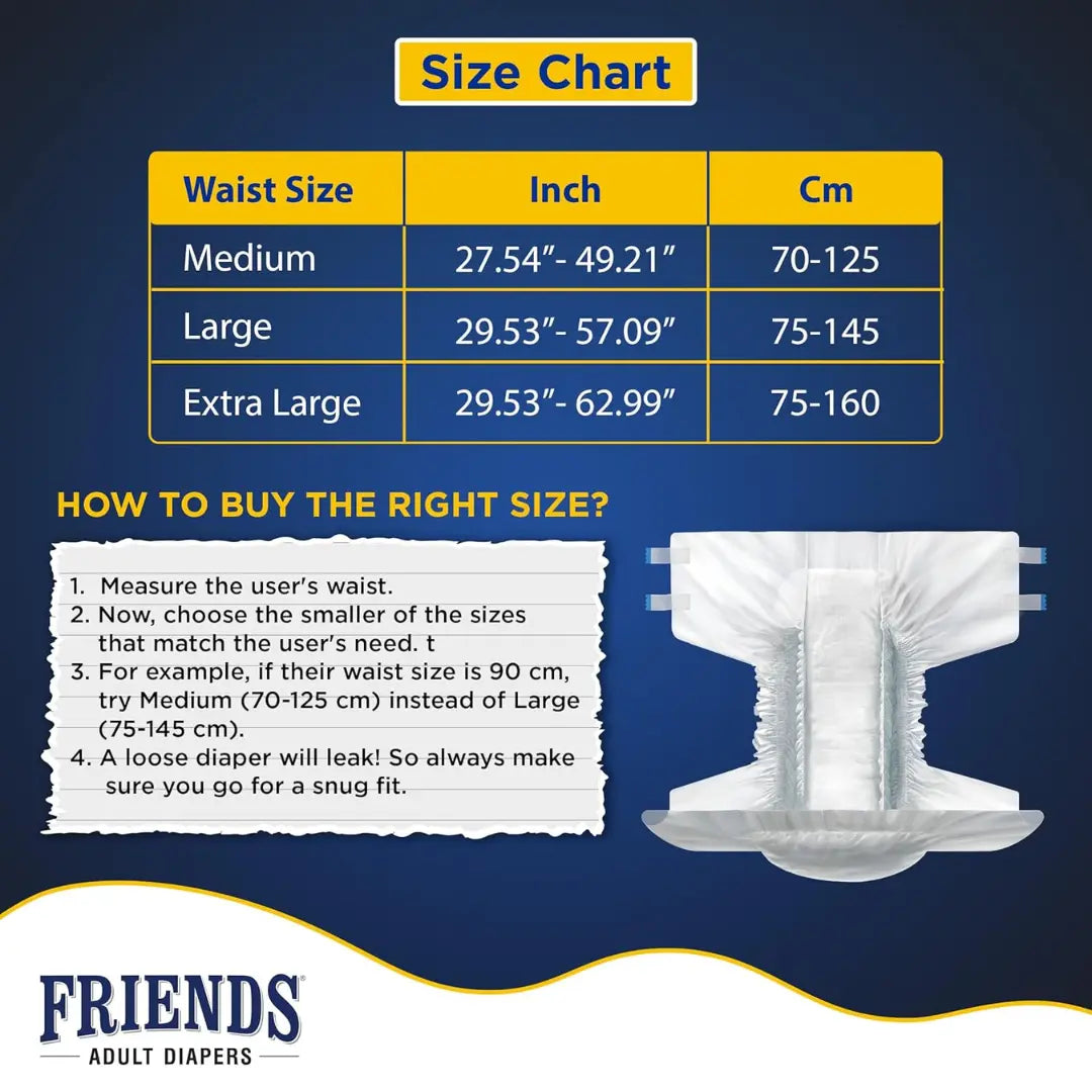 Friends Economy Adult Diapers Tape Style - 10 Count (Extra Large) with odour lock and Anti-Bacterial Absorbent Core- Waist Size 29.53-62.99Inch ; 75-160Cm