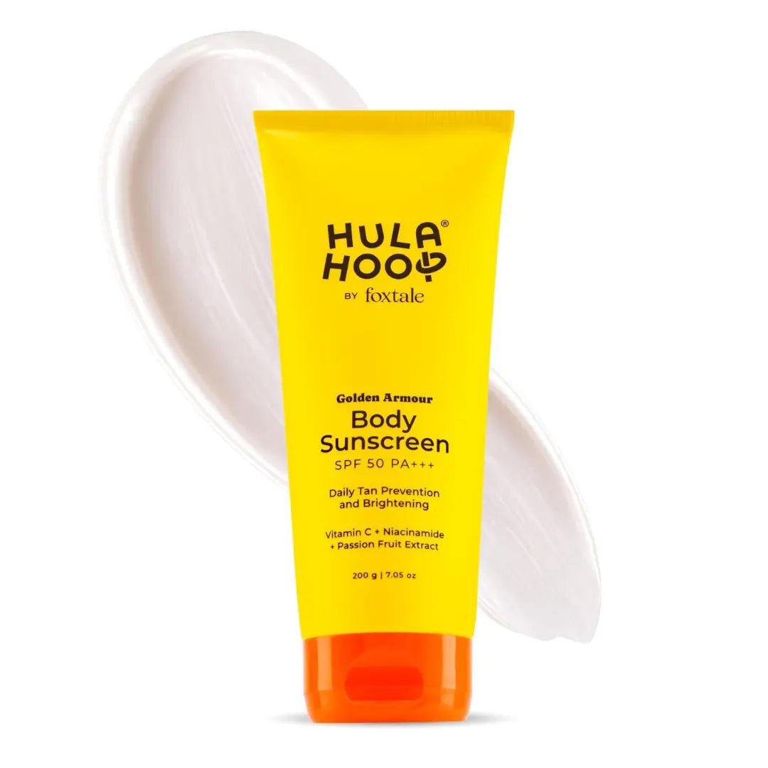 Hula Hoop Body Sunscreen SPF 50 PA+++ by Foxtale | Vitamin C + Niacinamide + Passion Fruit Extract | Daily Tan Prevention & Brightening | 200g - Deals999
