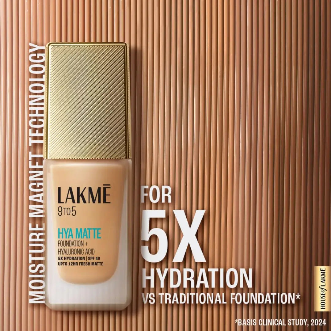 LAKMÉ 9to5 Hya Matte Foundation, Cool Ivory, 25ml, for Natural and Hydrated Look, with 5% Hyaluronic Acid Complex & SPF 40, 3x Oil Control, Smudge Proof, for Women