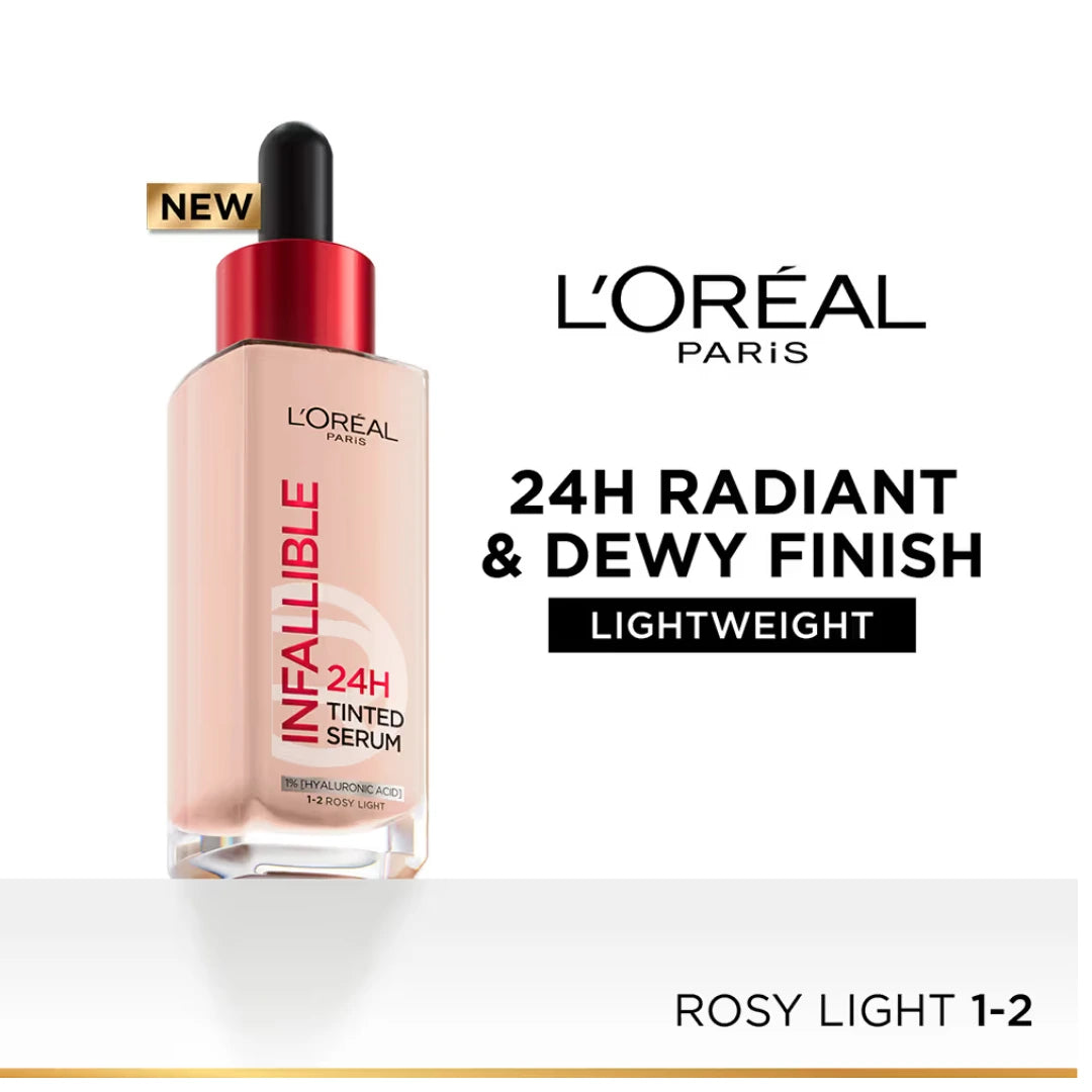 L’Oréal Paris Infallible 24H Tinted Serum Foundation, Light-weight Coverage, Dewy & Radiant Finish, Transfer-proof, 30ml