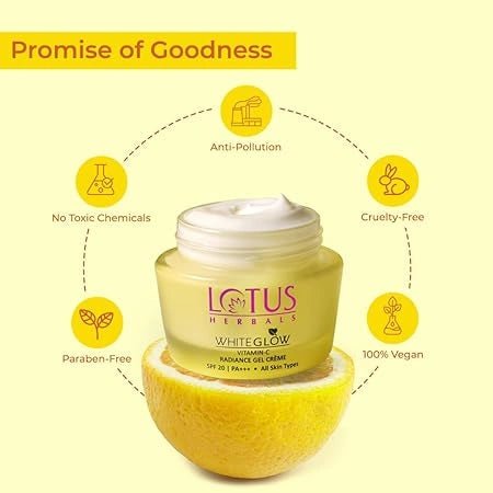 Lotus Herbals WhiteGlow Vitamin C Gel Crème | Reduces Dark Spots | Unique Gel + Crème Formula | 100x More Vitamin C | Boosts Radiance | SPF 20 PA+++ | Paraben - Free | 50g - Deals999