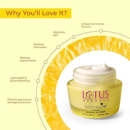 Lotus Herbals WhiteGlow Vitamin C Gel Crème | Reduces Dark Spots | Unique Gel + Crème Formula | 100x More Vitamin C | Boosts Radiance | SPF 20 PA+++ | Paraben - Free | 50g - Deals999