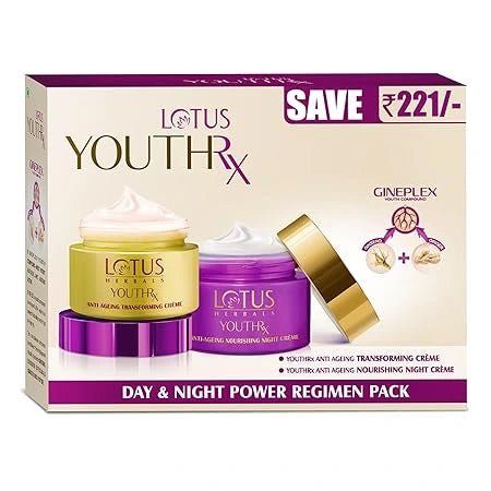 Lotus Herbals YouthRx Power Regimen Pack with Anti - Ageing Day Cream and Night Cream | Reduces Fine Lines, Wrinkles | Boosts Glow, Ginger and Ginseng | For Oily, Dry, Combination Skin | 100g - Deals999