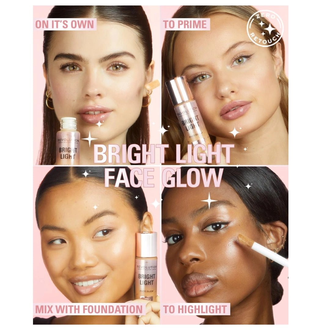 Makeup Revolution - Bright Light Face Glow Illuminate - Medium | Instantly illuminates & evens out complexion |Helps to achieve a radiant glow | Infused with glycerin to smooth & moisturise |23ml - Deals999