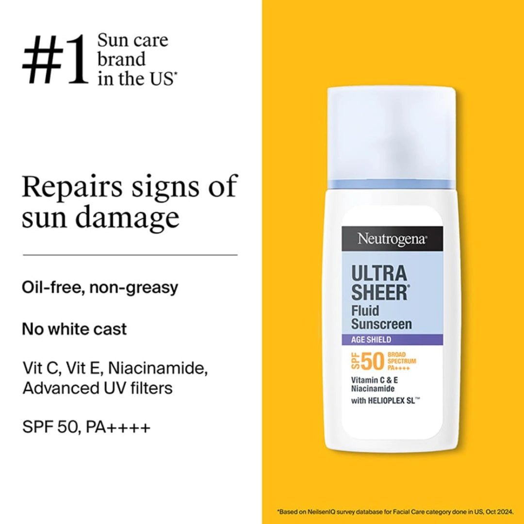 Neutrogena Ultrasheer Age Shield Fluid Sunscreen SPF 50+ PA++++ | Reduces dark spots & Uneven skin tone | No white cast | Lightweight non - greasy formula | Shields from UVA, UVB, Visible Light & Blue Light | 40gm - Deals999