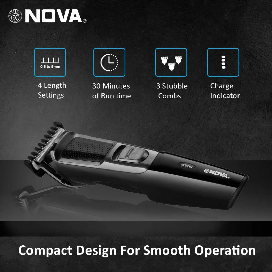Nova NHT 1074 USB , Cordless , Rechargeable: 30 Minutes Runtime Beard Trimmer for Men (Black) - Deals999