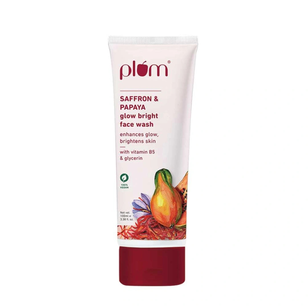 Plum Saffron & Papaya Glow & Brightening Face Wash with Vitamin B5 | Boosts Glow & Brightens Skin | Non-Drying | All Skin Types | Bright Gel Face Wash for Women & Men | for All Skin Types
