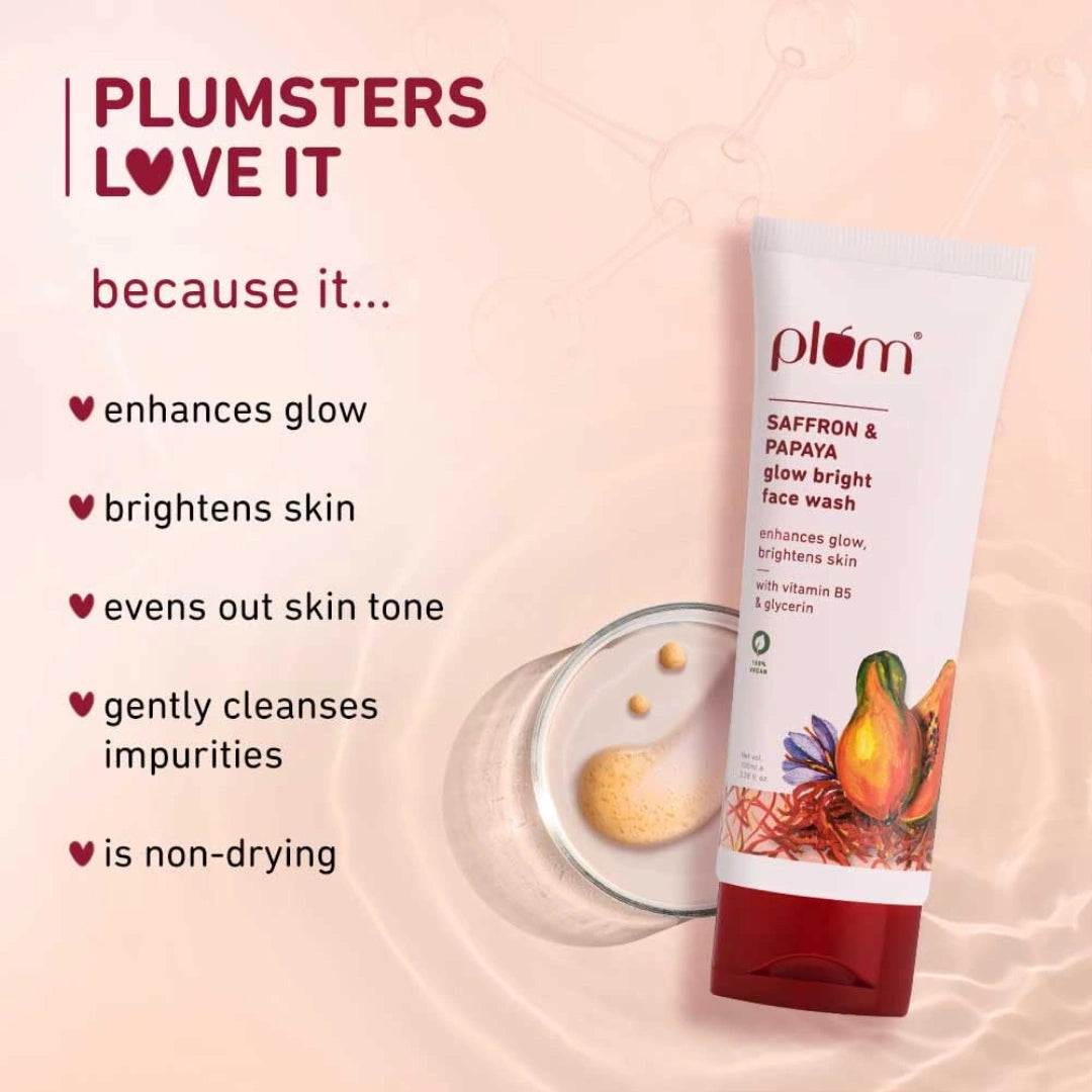Plum Saffron & Papaya Glow & Brightening Face Wash with Vitamin B5 | Boosts Glow & Brightens Skin | Non-Drying | All Skin Types | Bright Gel Face Wash for Women & Men | for All Skin Types