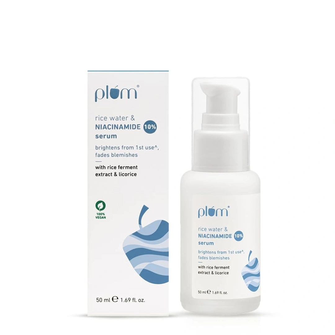 Plum 10% Niacinamide & Rice Water Face Serum For Clear, Bright Skin | Fades Blemishes & Acne Marks| Lightweight & Quick-absorbing| Dermatologically Tested | All Skin Types | Women & Men | Fragrance-Free | 100% Vegan | 50ml