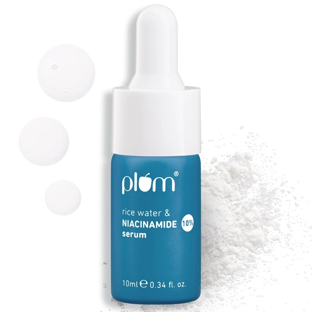 Plum 10% Niacinamide Serum with Rice Water | Provides Clear, Glowing & Brightening Skin | for Acne Prone, Combination, Oily & Sensitive Skin | Oil Control & Anti Acne Face Serum for Women & Men | 10ml