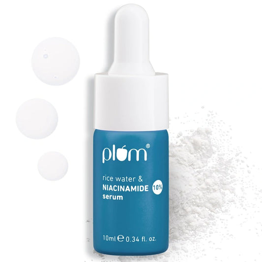 Plum 10% Niacinamide Serum with Rice Water | Provides Clear, Glowing & Brightening Skin | for Acne Prone, Combination, Oily & Sensitive Skin | Oil Control & Anti Acne Face Serum for Women & Men | 10ml