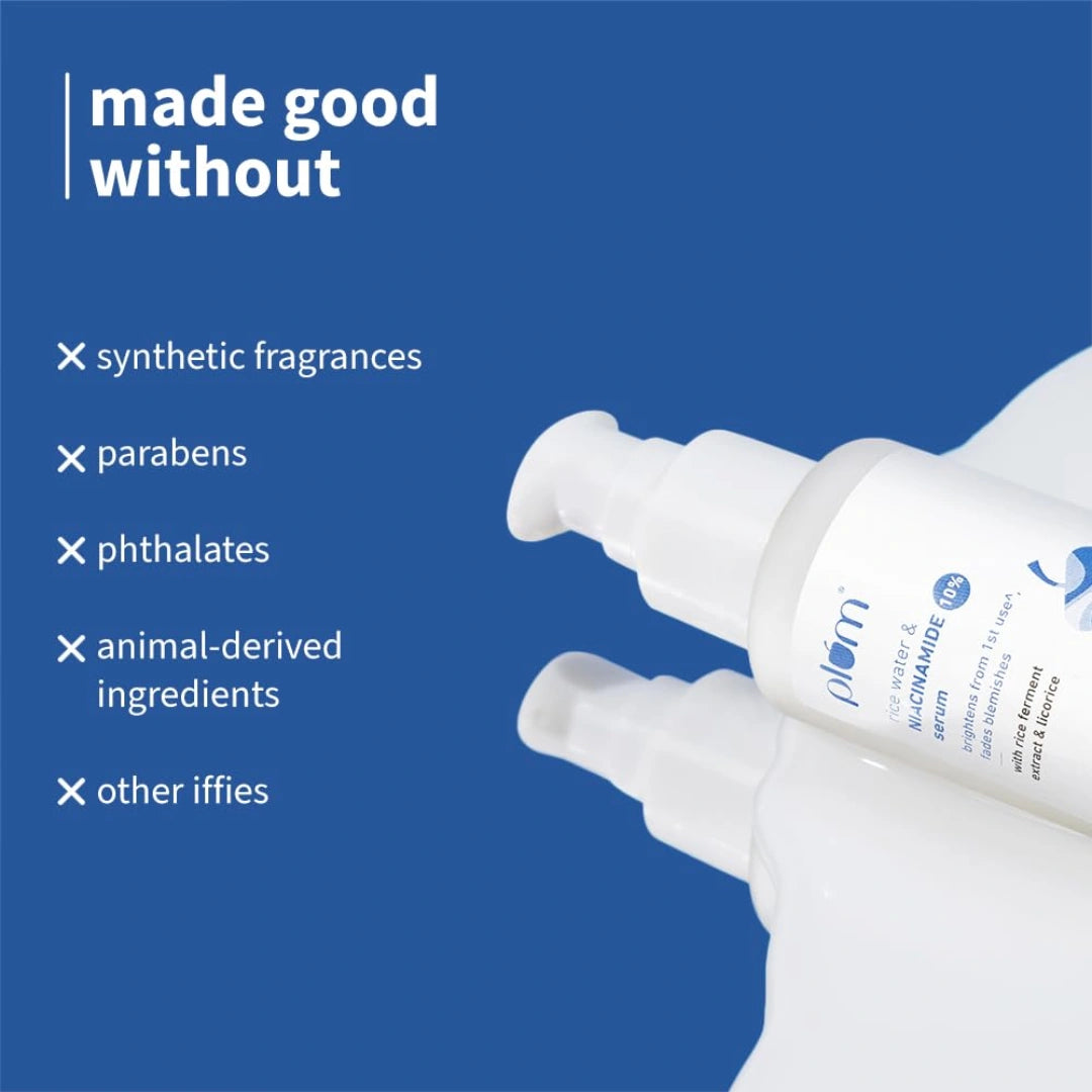 Plum 10% Niacinamide Serum with Rice Water | Provides Clear, Glowing & Brightening Skin | for Acne Prone, Combination, Oily & Sensitive Skin | Oil Control & Anti Acne Face Serum for Women & Men | 30ml