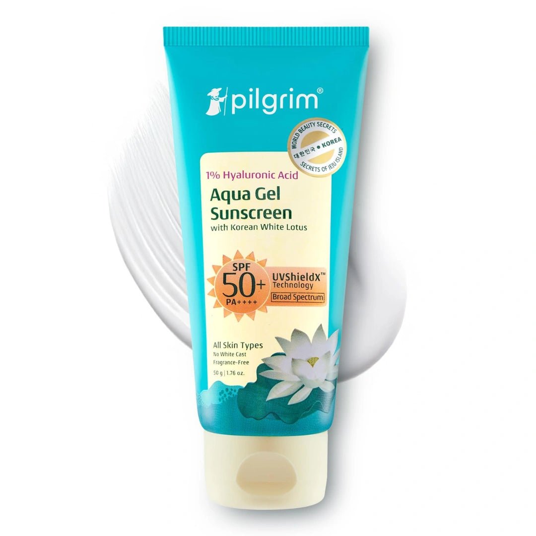 Pilgrim 1% Hyaluronic Acid Sunscreen Gel | Sunscreen SPF 50 +++ for men and women with Korean White Lotus | Broad spectrum, Non - greasy, No white cast & Prevents Tanning | All skin types | 50 gm - Deals999