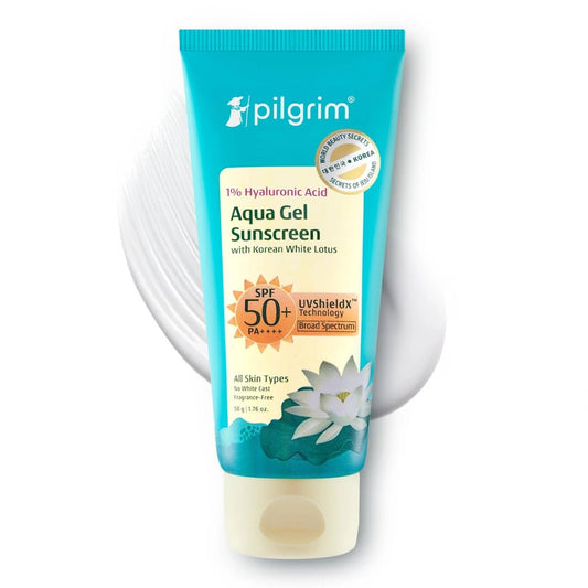 Pilgrim 1% Hyaluronic Acid Sunscreen Gel | Sunscreen SPF 50 +++ for men and women with Korean White Lotus | Broad spectrum, Non - greasy, No white cast & Prevents Tanning | All skin types | 50 gm - Deals999