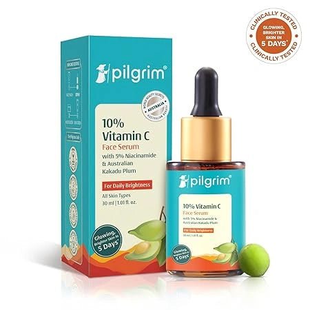 Pilgrim 10% Vitamin C Serum 30ml for Glowing Skin|With 5% Niacinamide, Hyaluronic & Glycolic Acid|Fades Dark Spots, Pigmentation|For All, Oily, Combination, Normal Skin |Beginner Friendly - Men, Women - Deals999