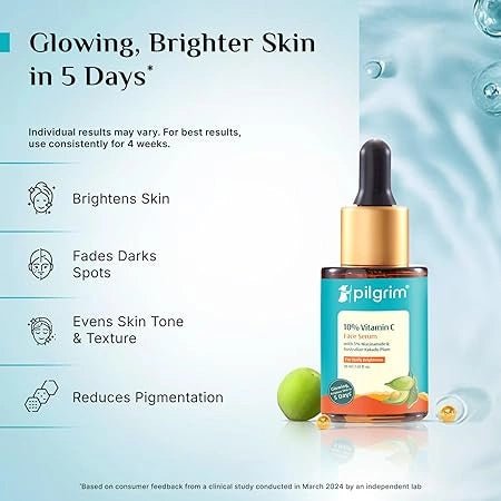 Pilgrim 10% Vitamin C Serum 30ml for Glowing Skin|With 5% Niacinamide, Hyaluronic & Glycolic Acid|Fades Dark Spots, Pigmentation|For All, Oily, Combination, Normal Skin |Beginner Friendly - Men, Women - Deals999