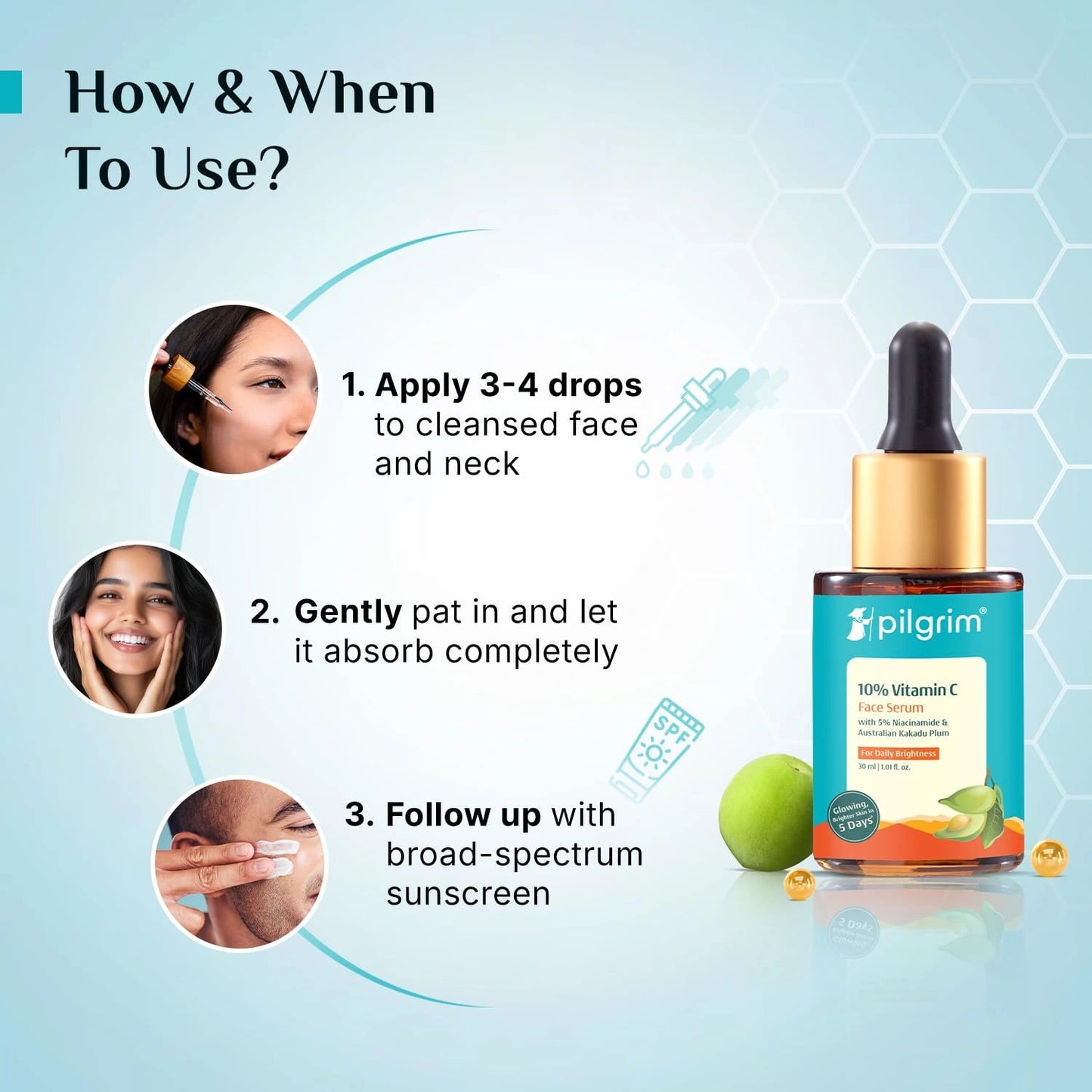 Pilgrim 10% Vitamin C Serum 30ml for Glowing Skin|With 5% Niacinamide, Hyaluronic & Glycolic Acid|Fades Dark Spots, Pigmentation|For All, Oily, Combination, Normal Skin |Beginner Friendly - Men, Women - Deals999