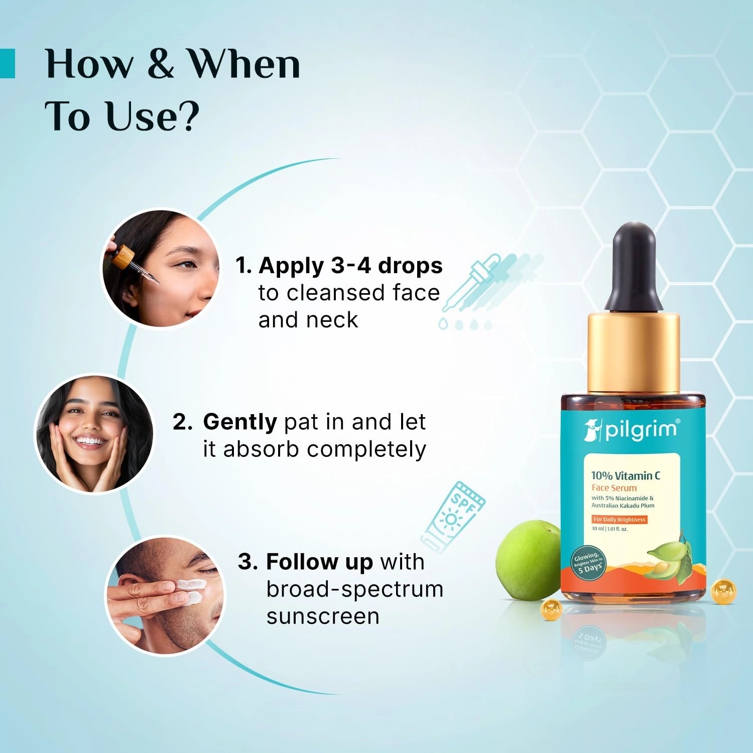 Pilgrim 10% Vitamin C Serum 30ml for Glowing Skin|With 5% Niacinamide, Hyaluronic & Glycolic Acid|Fades Dark Spots, Pigmentation|For All, Oily, Combination, Normal Skin |Beginner Friendly - Men, Women - Deals999