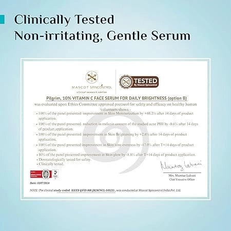 Pilgrim 10% Vitamin C Serum 30ml for Glowing Skin|With 5% Niacinamide, Hyaluronic & Glycolic Acid|Fades Dark Spots, Pigmentation|For All, Oily, Combination, Normal Skin |Beginner Friendly - Men, Women - Deals999