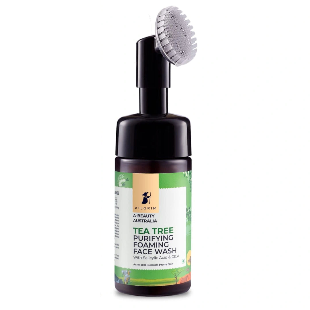 PILGRIM Australian Tea Tree & 1%Salicylic acid Foaming Face wash with brush|Tea Tree face wash with 1%salicylic acid & CICA for oily skin,acne and pimples|Oily skin cleanser for face|Women & Men|120ml