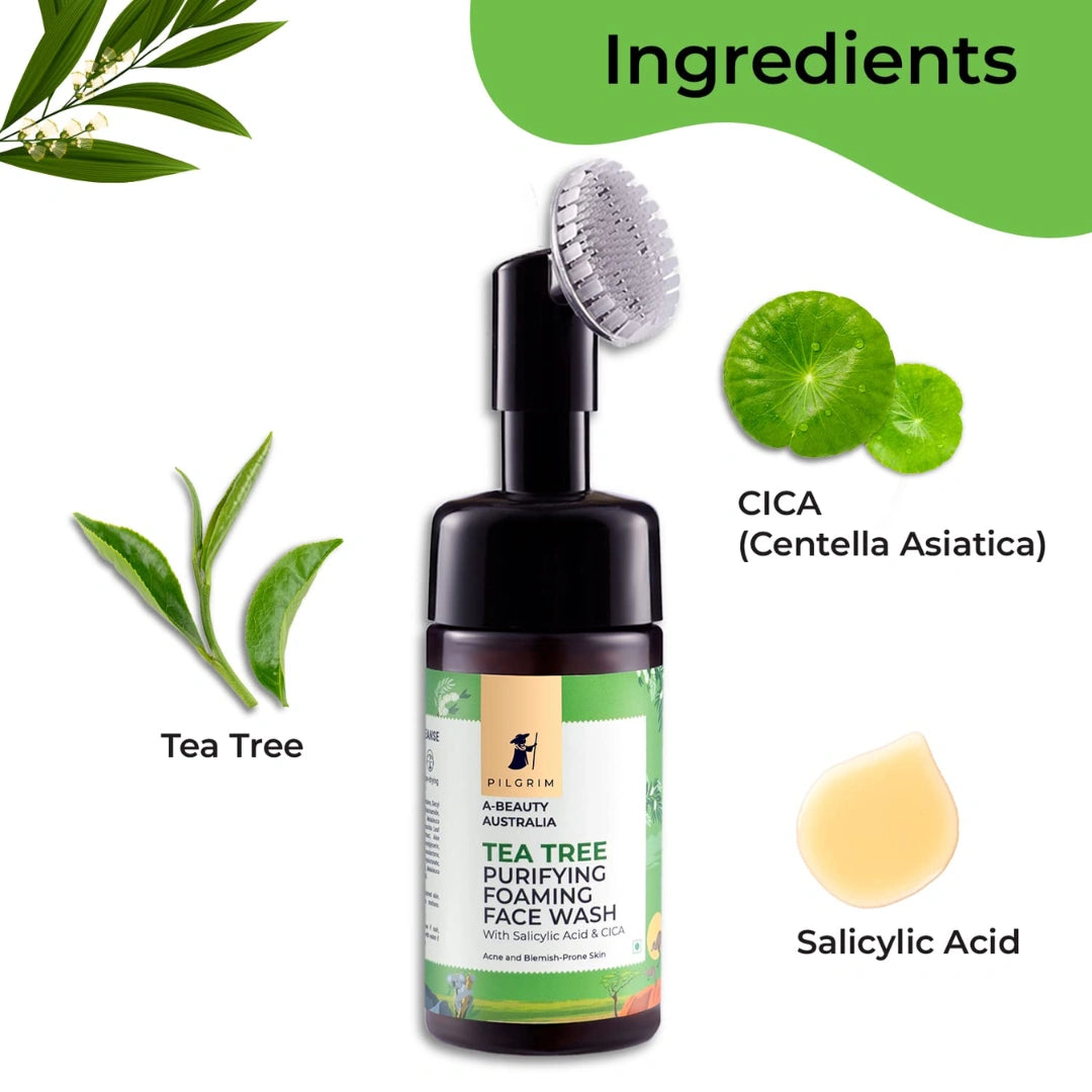 PILGRIM Australian Tea Tree & 1%Salicylic acid Foaming Face wash with brush|Tea Tree face wash with 1%salicylic acid & CICA for oily skin,acne and pimples|Oily skin cleanser for face|Women & Men|120ml