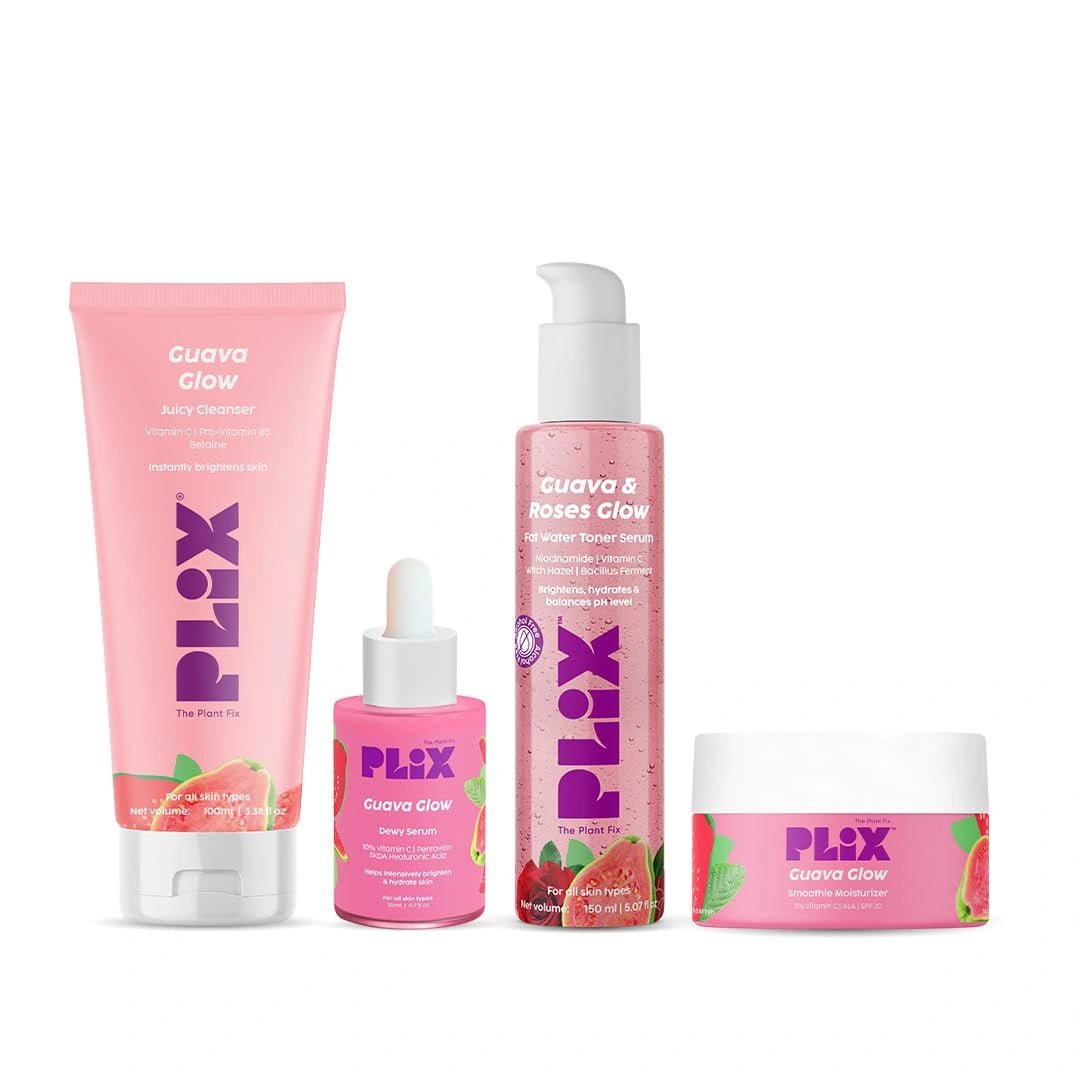 PLIX - THE PLANT FIX Guava & Roses Regime for Bright Skin & Balanced Skin pH| Hydrating Cleanser| 2 - in - 1 Toner Serum| Vitamin C Serum | Smoothie Moisturizer | For Men & Women (pack of 4 ) - Deals999