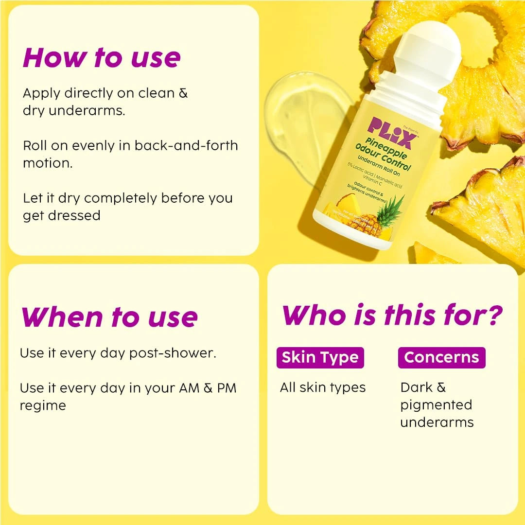 PLIX - THE PLANT FIX Pineapple Odour Control Underarm Roll-On (50Ml) With 5% Lactic Acid & 1% Mandelic Acid