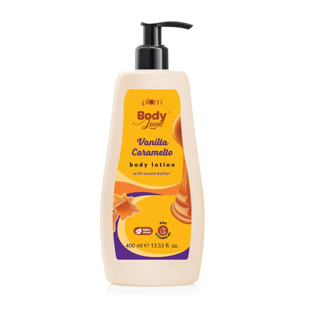 Plum BodyLovin' Vanilla Caramello Body Lotion | Cocoa Butter & Vitamin B5 for Deep Moisturization | Non-Greasy | Soft & Glowing Skin | for Dry to Very Dry Skin | Warm & Cozy Vanilla Fragrance - 400ml