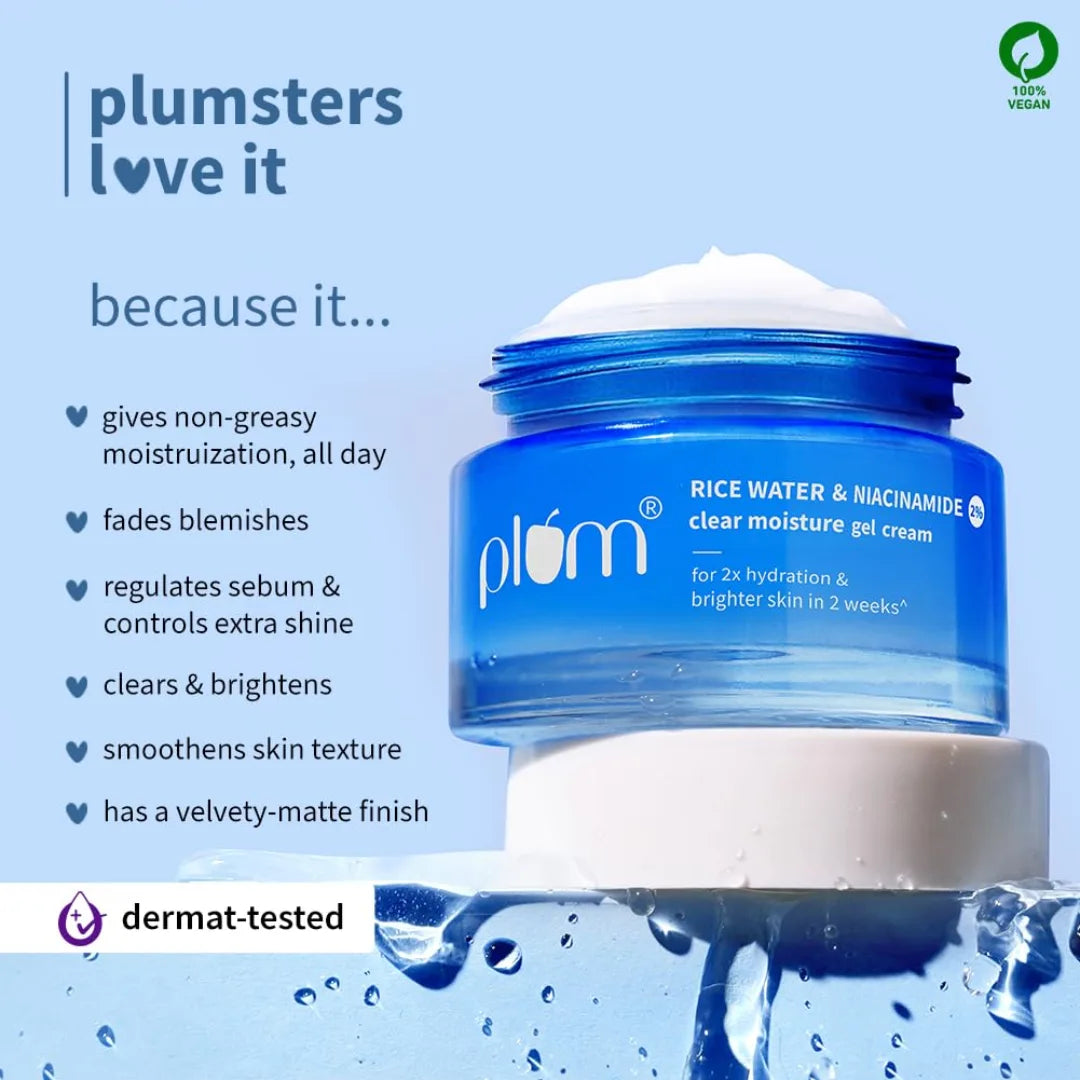 Plum 2% Niacinamide & Rice Water Superlight Gel Cream Winter Moisturizer for Face | 2X Oil-Free Hydration | Brightens, Fades Blemishes | Dermat-Tested | All Skin Types | Women & Men | 100% Vegan | 25 g