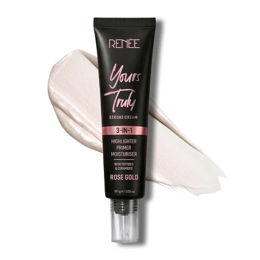 RENEE Yours Truly Strobe Cream for Face | 3 in 1 Highlighter Primer Moisturiser | Glow Cream, Lightweight, Non Sticky | Hydrating Dewy Skin Finish With Peptides | For All Skin Types | Rose Gold - 30g