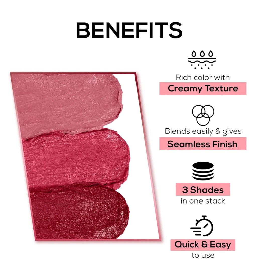 RENEE Glam Stack 3 - In - 1 Lip & Cheek Tint - Pink 4.5g - 3 Shades in 1, Rich Creamy Natural Seamless Finish, Smooth & Blendable Formula - Travel Friendly, Quick & Easy to Use - Deals999