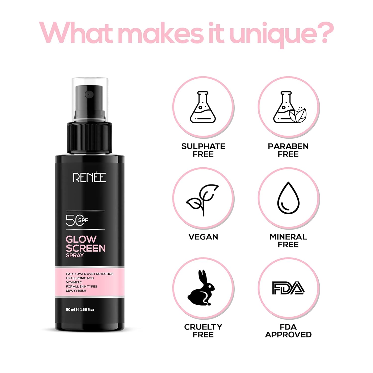 RENEE Glowscreen Spf 50 Sunscreen Spray - 50ml, Pa++++ for Uva & Uvb Protection, Enriched With Hyaluronic Acid & Vitamin C| Lightweight, Non Greasy, Quick Absorbing With No White Cast - Deals999