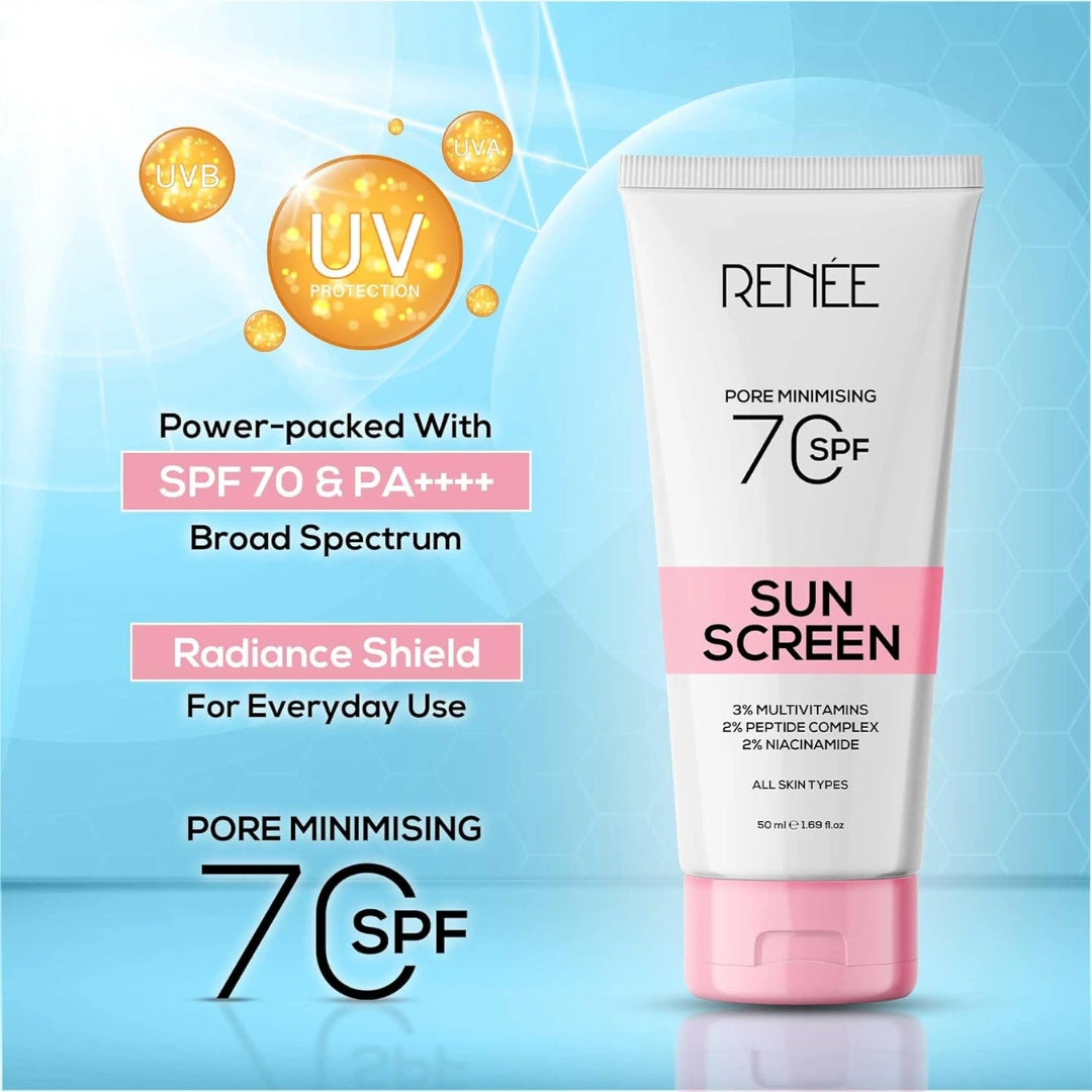 RENEE Pore Minimizing Sunscreen Spf 70 With 2% Niacinamide For All Skins, 2% Peptide & 3% Multivitamins, 50Ml
