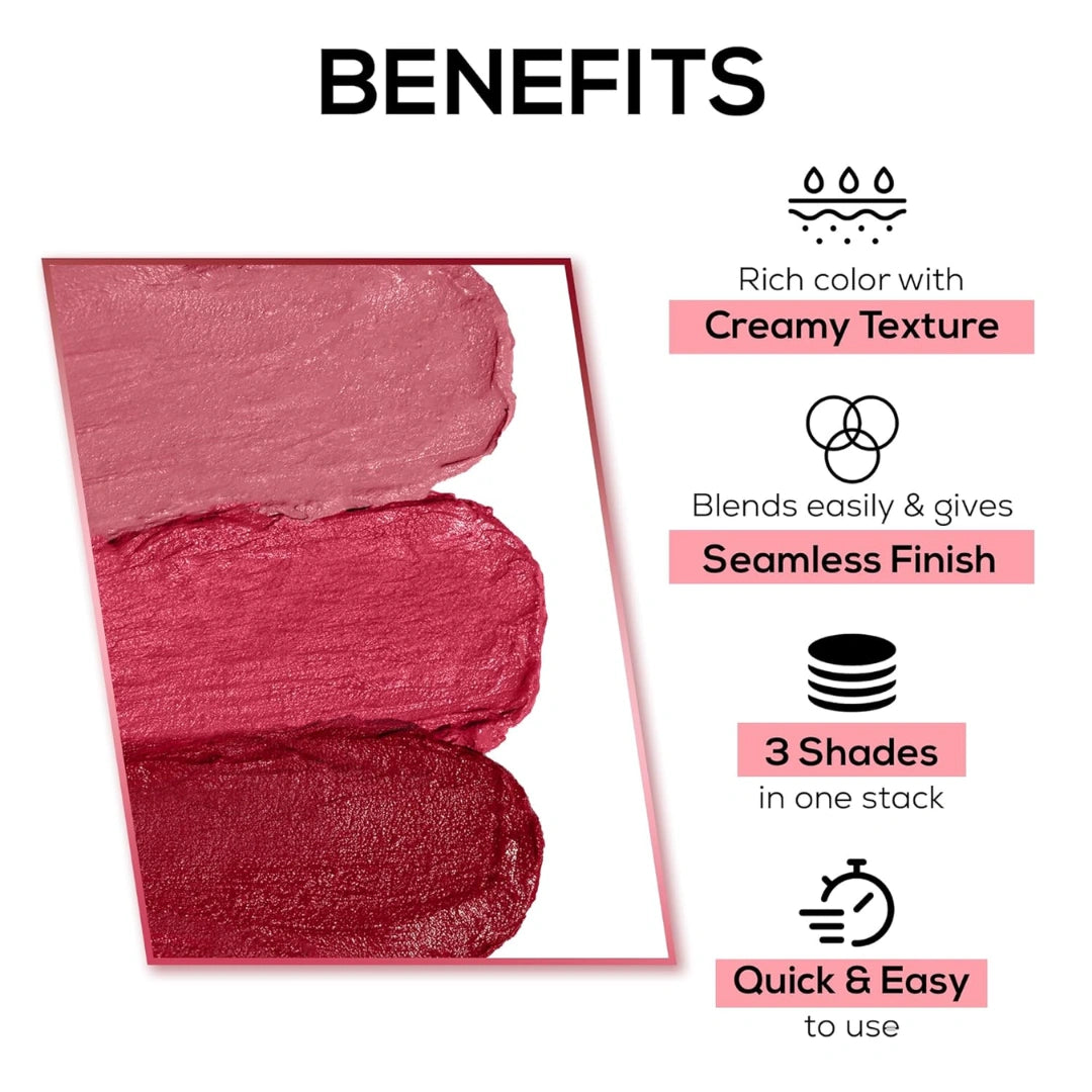 RENEE Glam Stack 3-In-1 Lip & Cheek Tint - Pink 4.5g - 3 Shades in 1, Rich Creamy Natural Seamless Finish