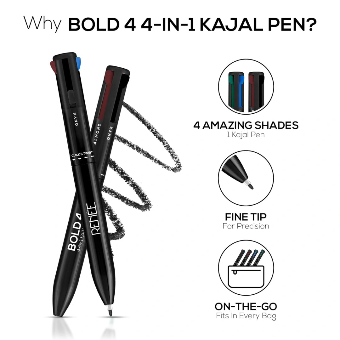 RENEE Bold 4-4-in-1 Kajal - Four Shades Black, Brown, Teal & Blue | Matte Finish | Rich Color Payoff