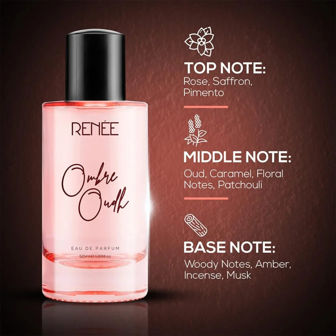 RENEE Ombre Oud Eau De Parfum, Premium Long-lasting Fragrance With Notes of Oud, Rose, Saffron, Middle Caramel, and Musk, Scent for Every Occasion, Ideal Perfume for Women, 50ml
