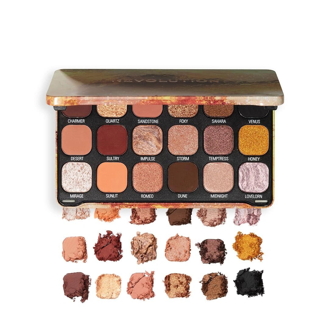 Revolution Forever Flawless Eyeshadow Palette - Bronze Temptation | Highly Pigmented and Blendible | Includes 18 shades - Glitters and Mattes | Long Wearing and Waterproof - 19g - Deals999
