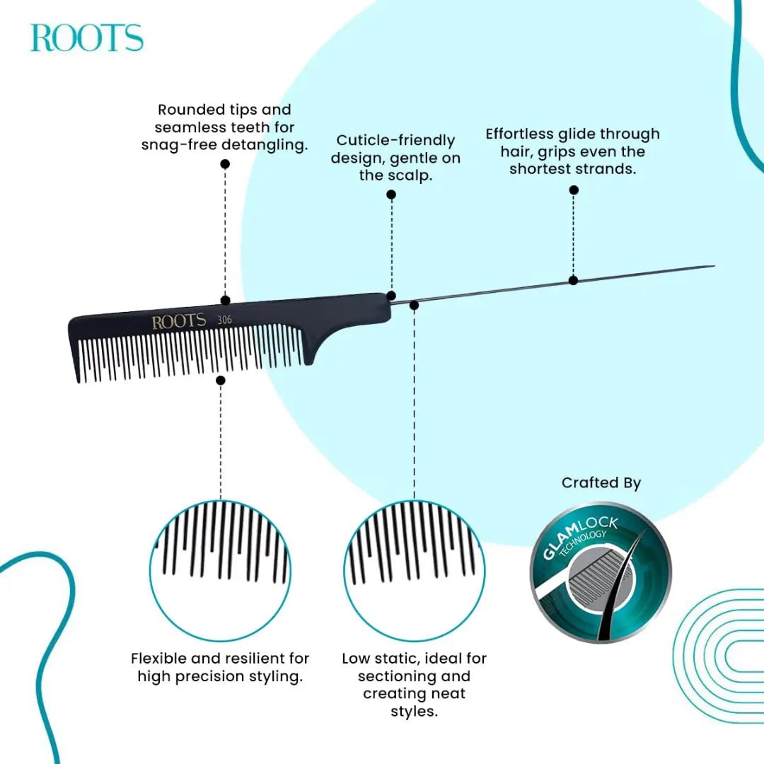 ROOTS - Professional Tail/Wire Comb with Pin Tail | Fine Teeth | Salon Grade - For Men/Women | Ideal for Sectioning & Colouring | Rounded Teeth prevent Hair damage | Length - 4.8 Inch | Model No - 306 - Deals999